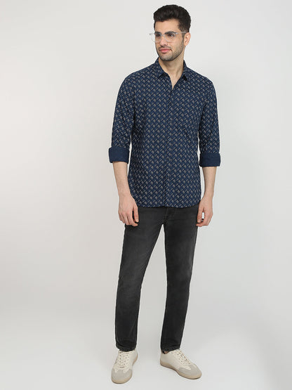 Parx Men Blue Printed Slim Fit Cotton Casual Shirt