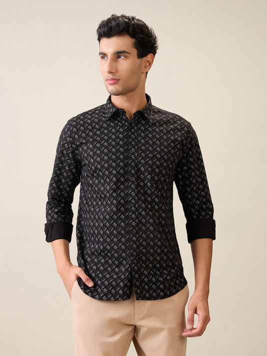 Parx Men Black Printed Slim Fit Cotton Casual Shirt