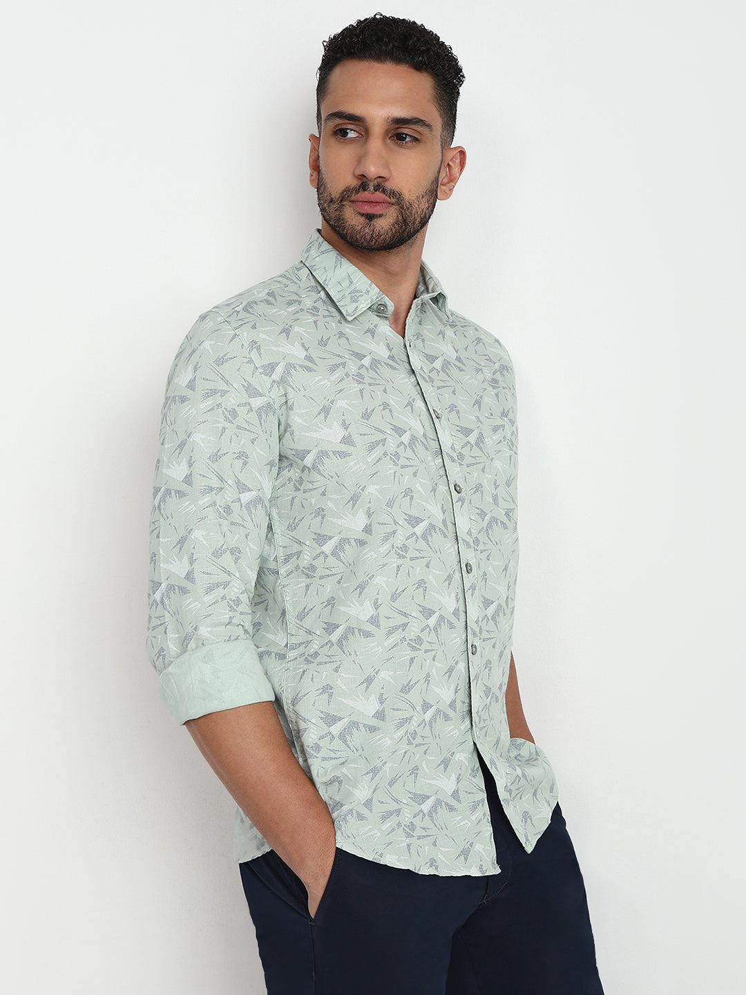 Parx Men Green Printed Slim Fit Cotton Casual Shirt