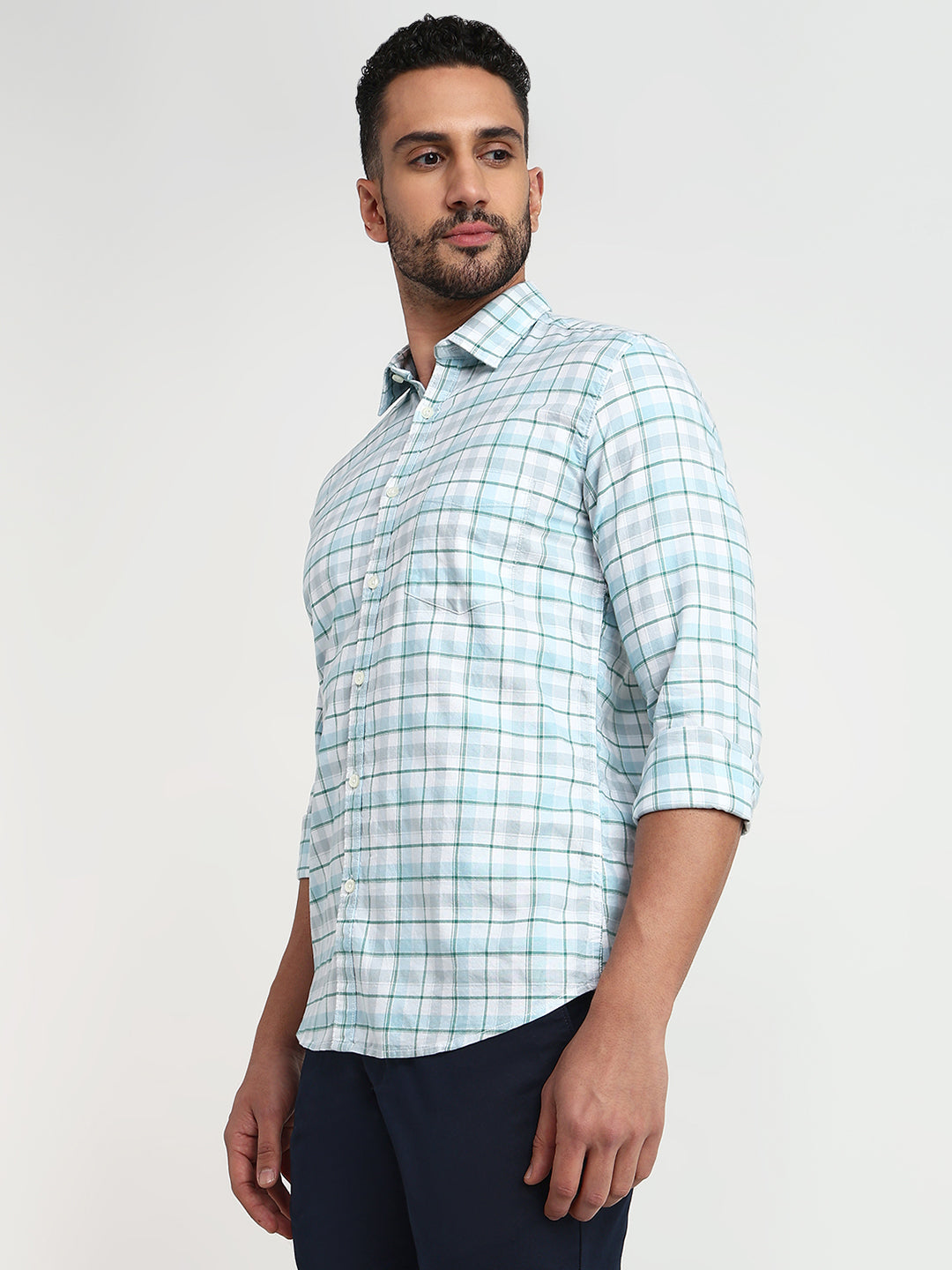 Parx Men Blue Checks Slim Fit Cotton Blend Casual Shirt