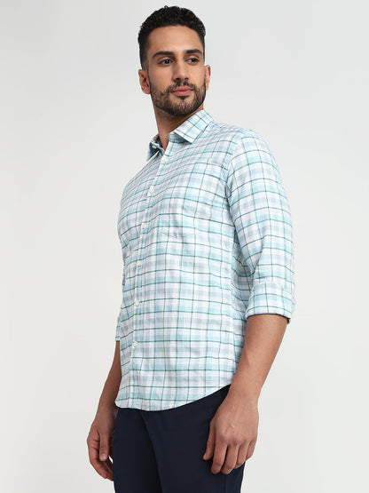 Parx Men Blue Checks Slim Fit Cotton Blend Casual Shirt