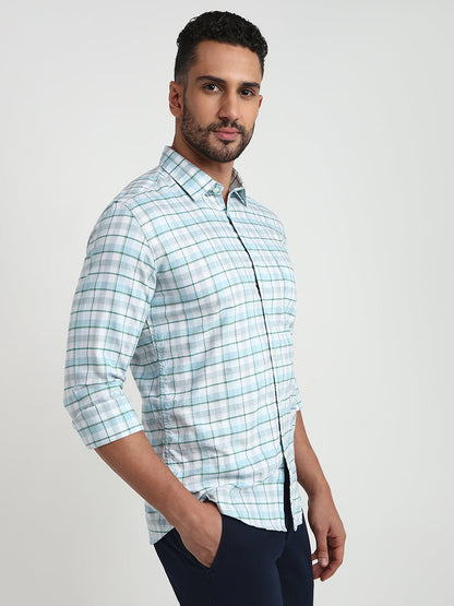 Parx Men Blue Checks Slim Fit Cotton Blend Casual Shirt
