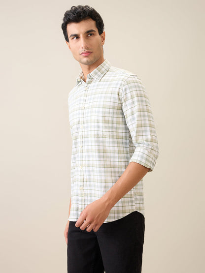 Parx Men Green Checks Slim Fit Cotton Blend Casual Shirt