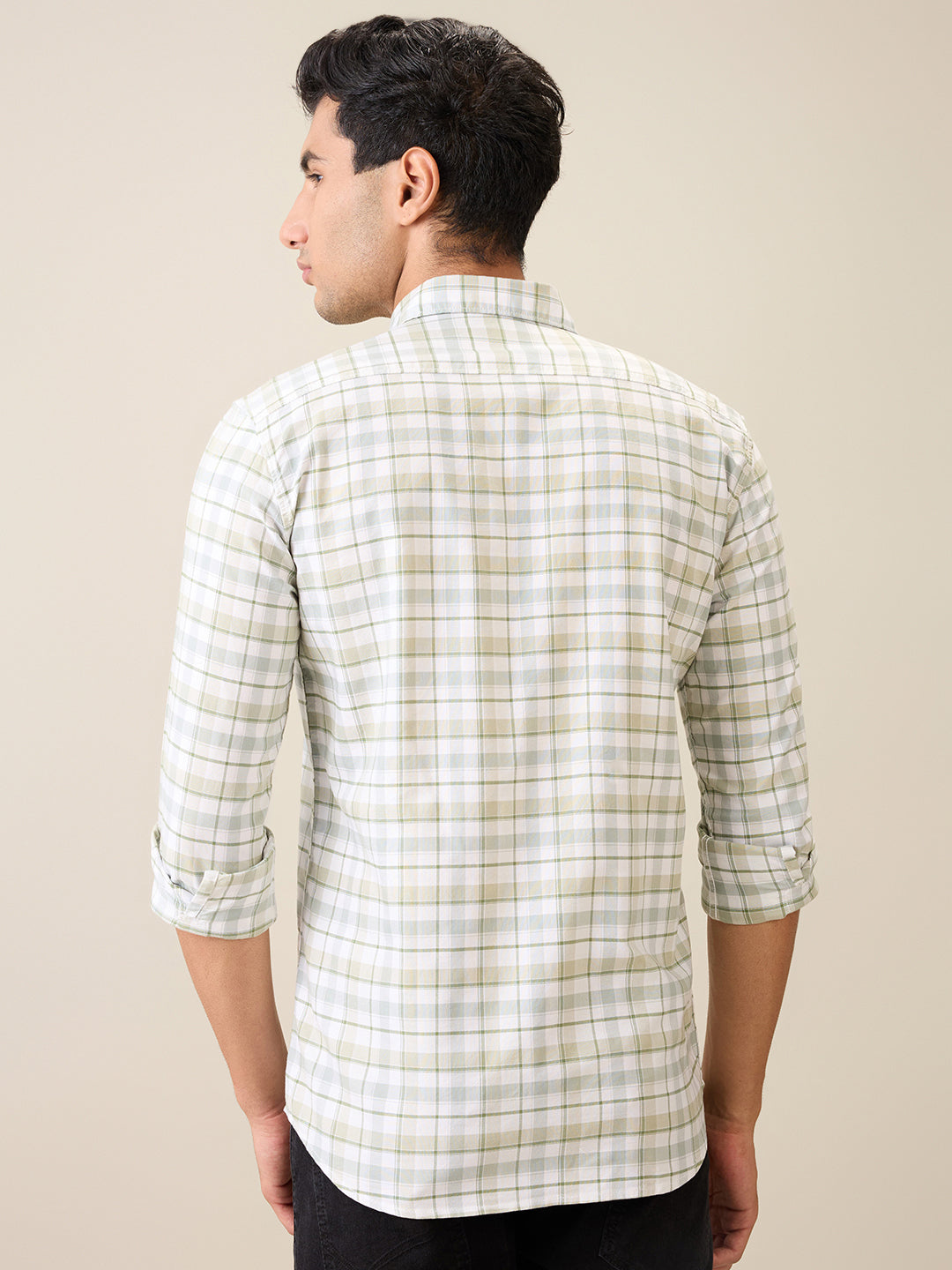 Parx Men Green Checks Slim Fit Cotton Blend Casual Shirt