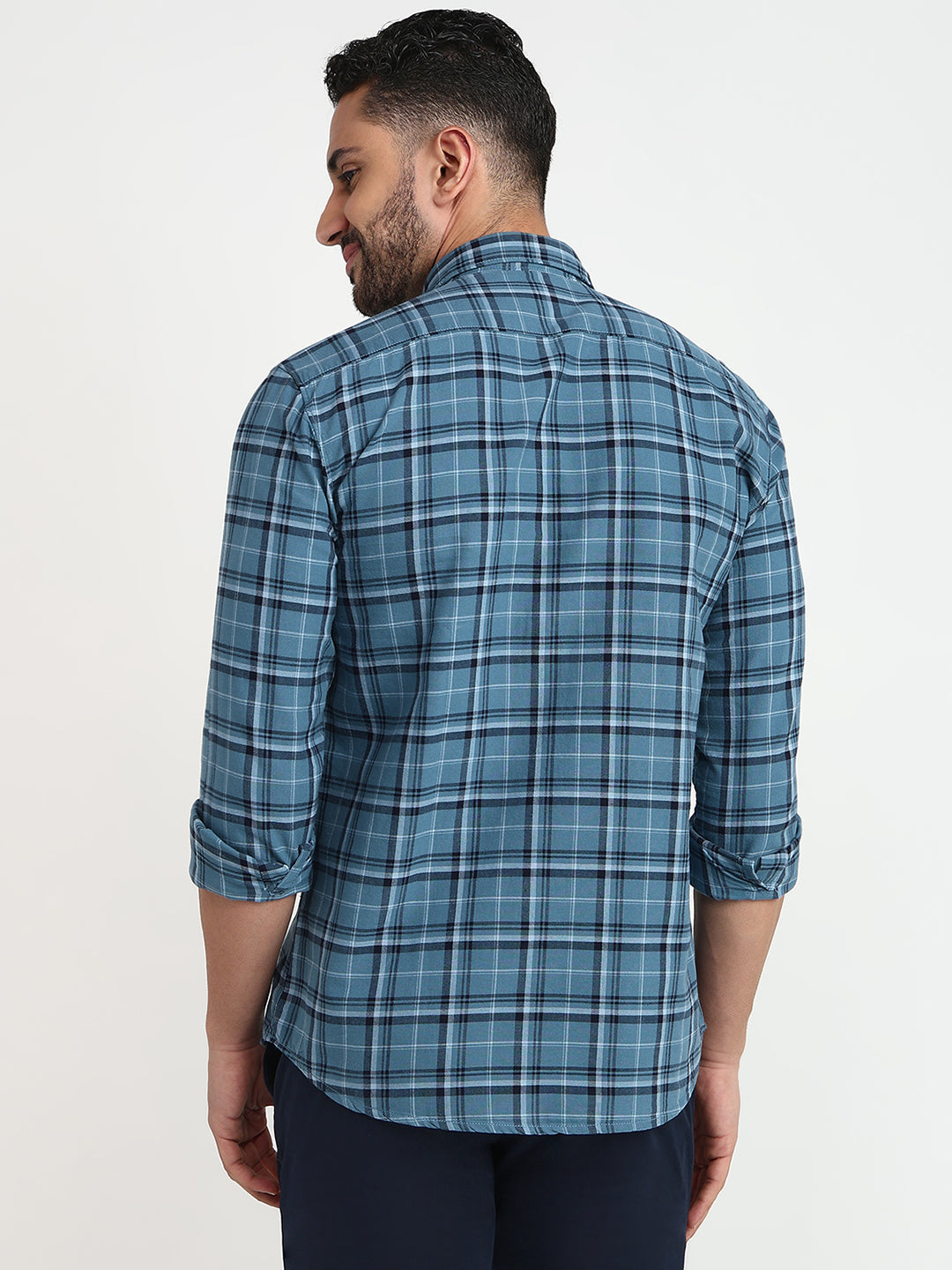 Parx Men Blue Checks Slim Fit Cotton Casual Shirt