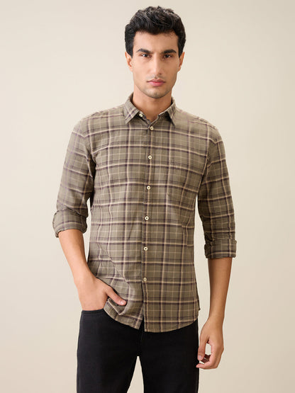 Parx Men Green Checks Slim Fit Cotton Casual Shirt