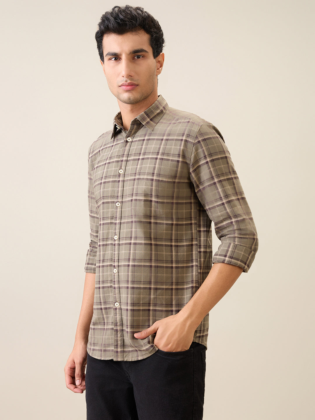 Parx Men Green Checks Slim Fit Cotton Casual Shirt