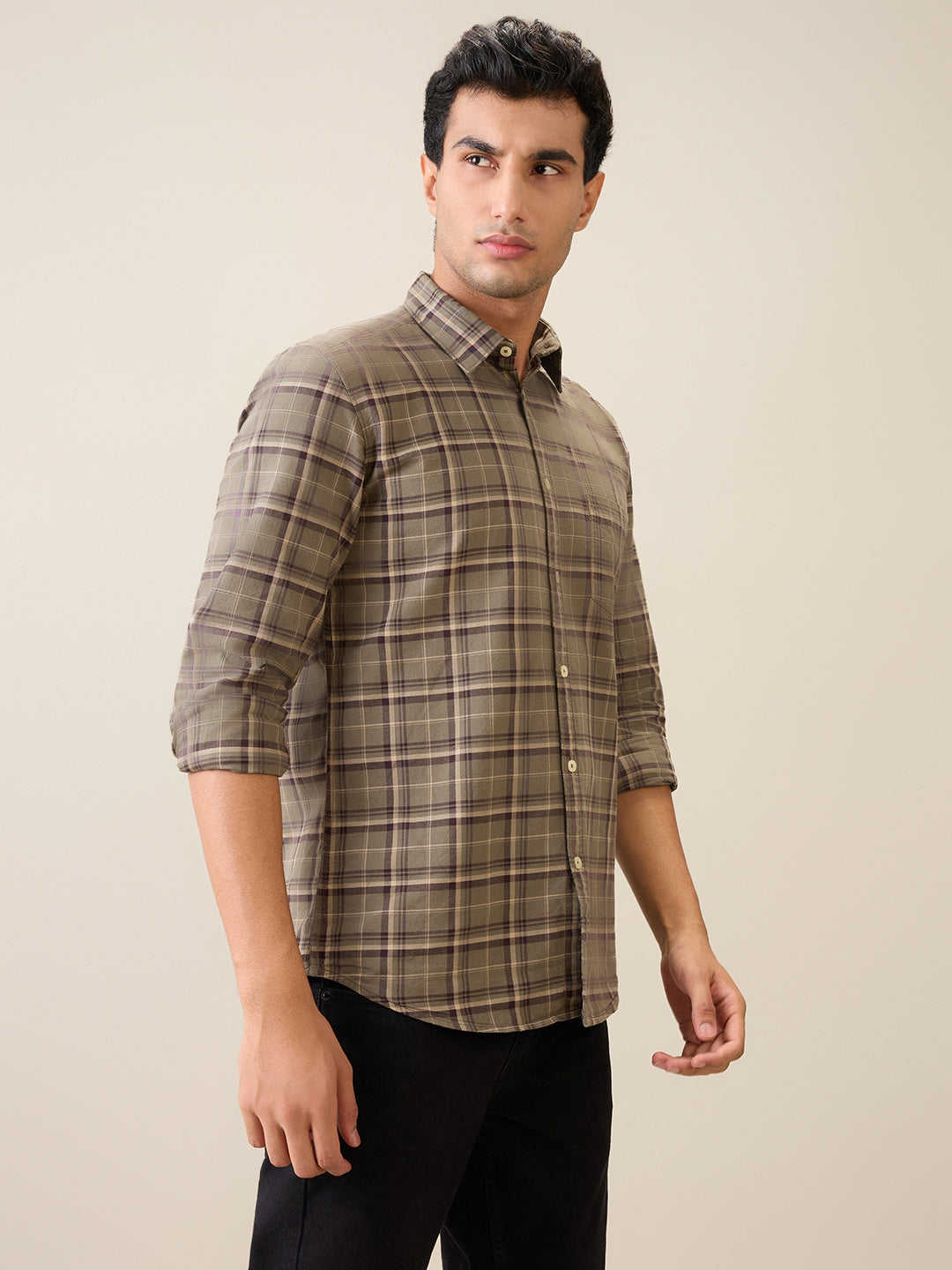 Parx Men Green Checks Slim Fit Cotton Casual Shirt