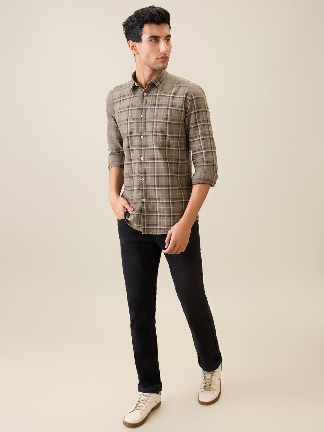 Parx Men Green Checks Slim Fit Cotton Casual Shirt