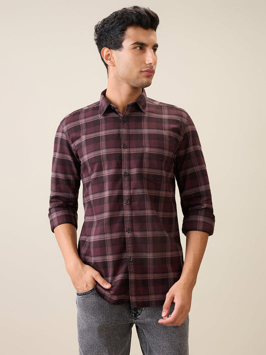 Parx Men Maroon Checks Slim Fit Cotton Casual Shirt