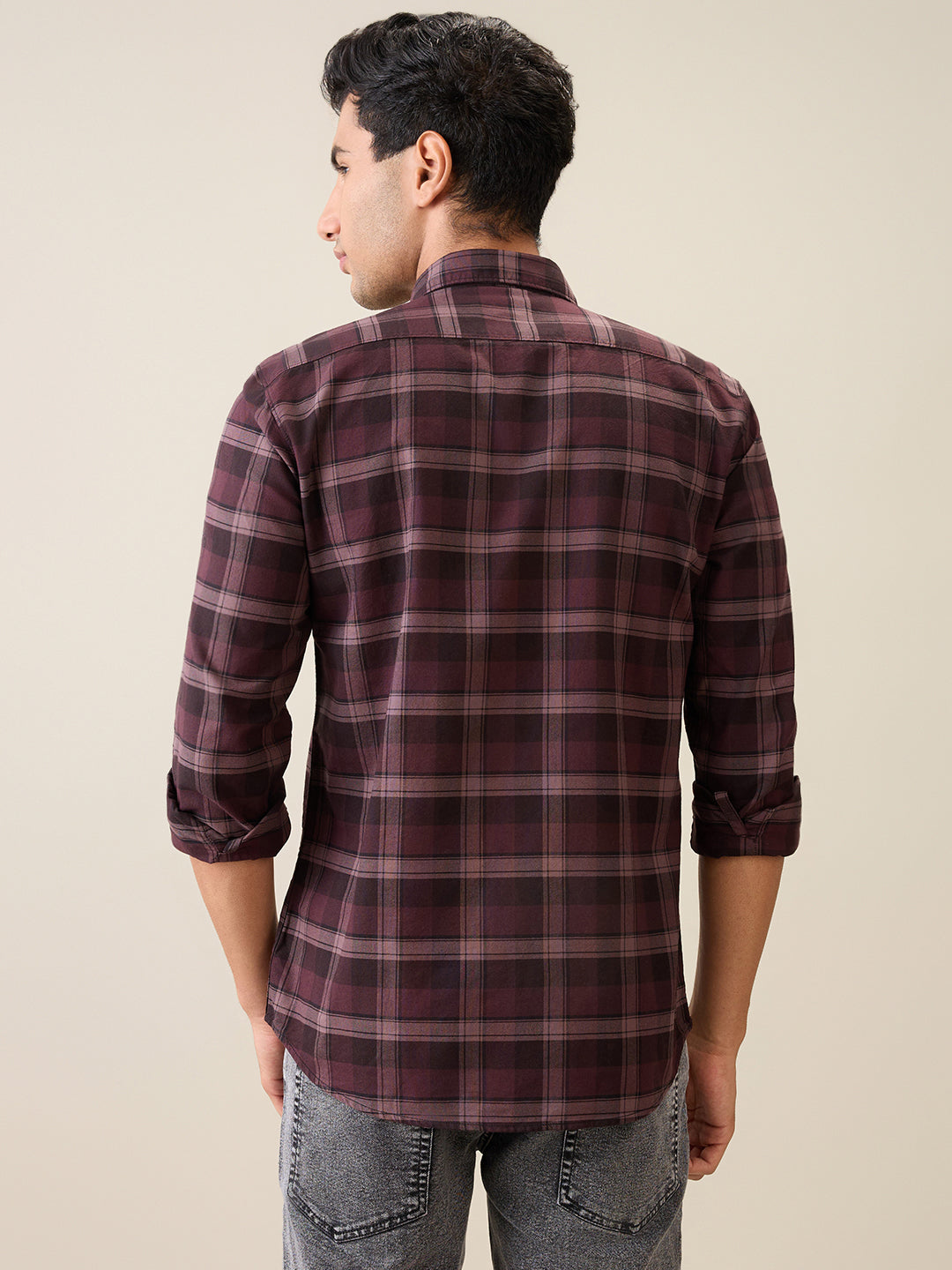 Parx Men Maroon Checks Slim Fit Cotton Casual Shirt