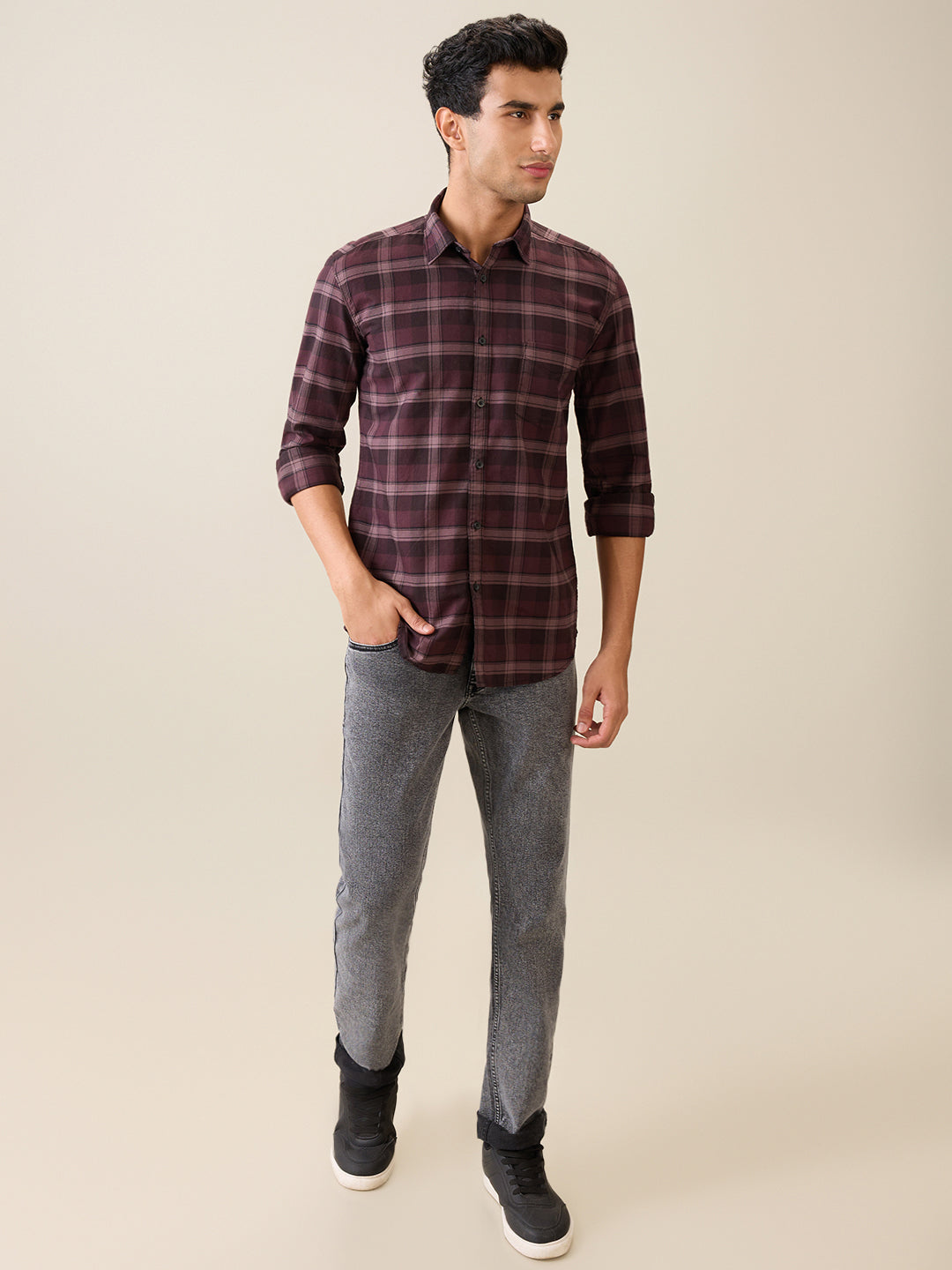 Parx Men Maroon Checks Slim Fit Cotton Casual Shirt