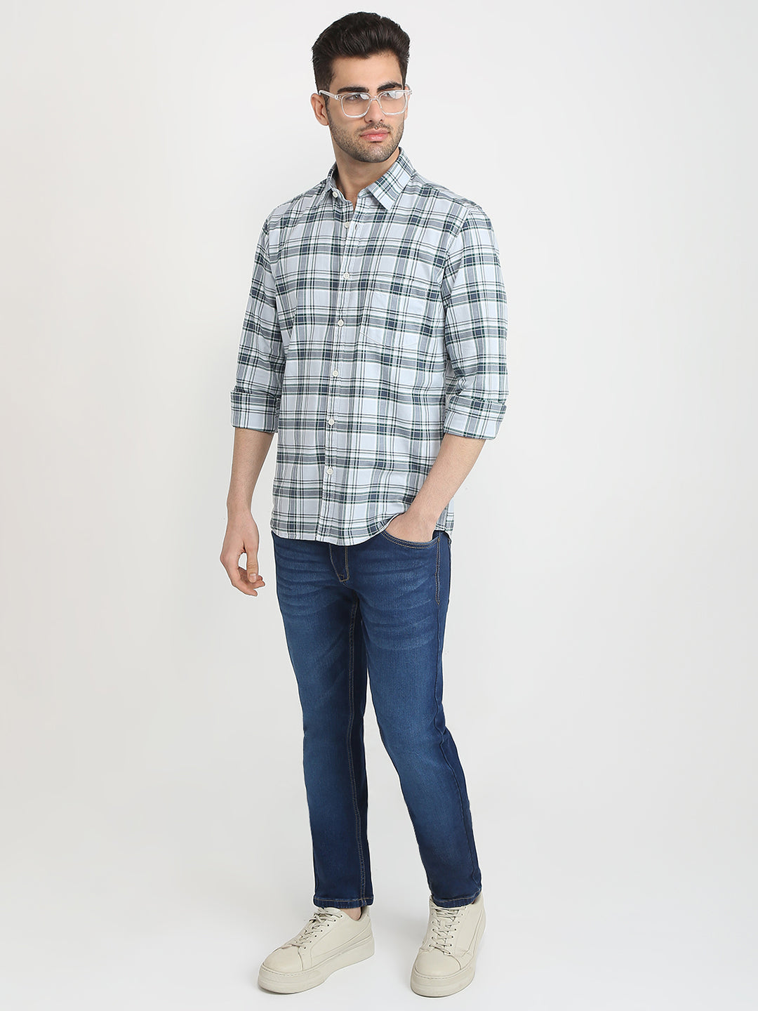 Parx Men Blue Checks Slim Fit Cotton Casual Shirt