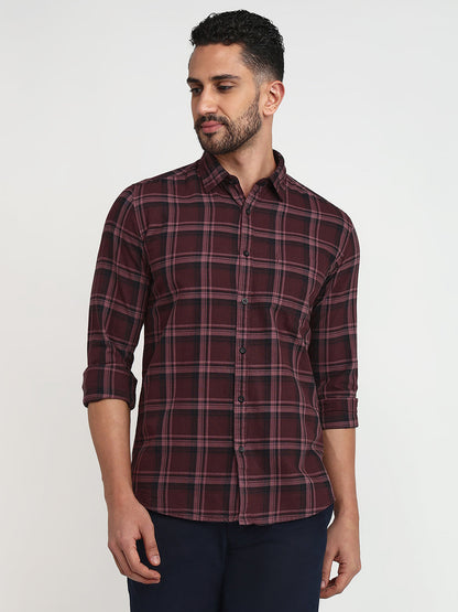 Parx Men Maroon Checks Slim Fit Cotton Casual Shirt