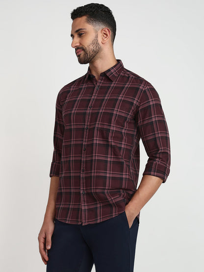 Parx Men Maroon Checks Slim Fit Cotton Casual Shirt
