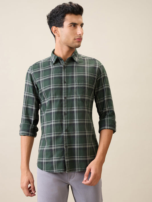 Parx Men Green Checks Slim Fit Cotton Casual Shirt