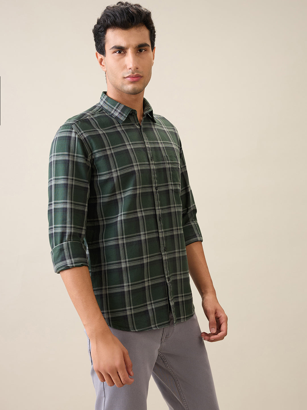 Parx Men Green Checks Slim Fit Cotton Casual Shirt