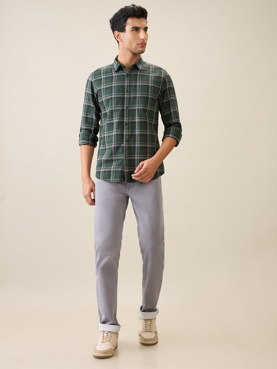 Parx Men Green Checks Slim Fit Cotton Casual Shirt