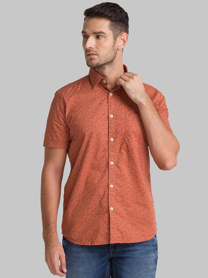 Parx Men Orange Printed Slim Fit Cotton Shirt