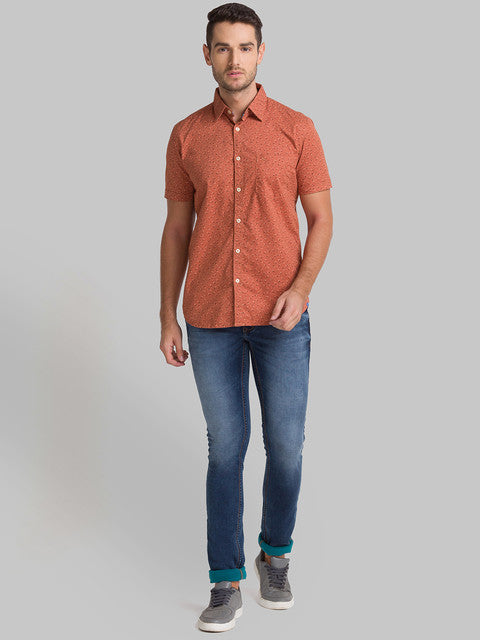 Parx Men Orange Printed Slim Fit Cotton Shirt