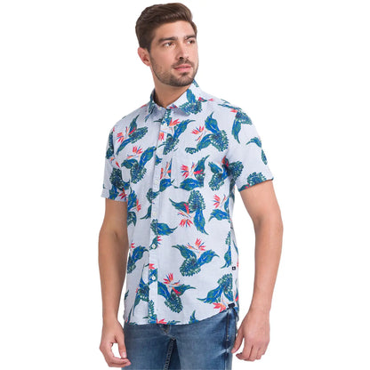 Men Blue Slim Fit Print Cotton Blend Half Sleeve Shirts