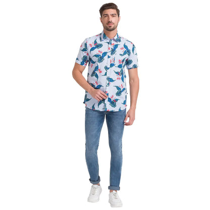 Men Blue Slim Fit Print Cotton Blend Half Sleeve Shirts
