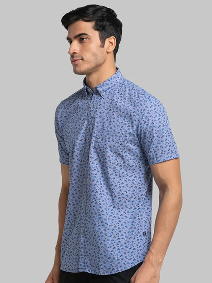 Men Blue Slim Fit Print Cotton Half Sleeve Shirts