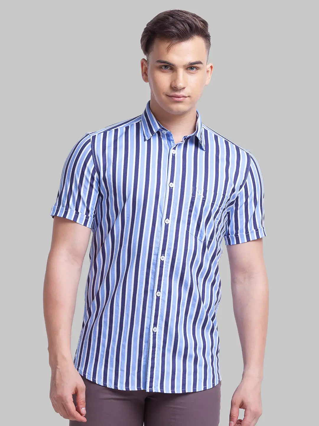 Parx Men Blue Printed Slim Fit Cotton Half Sleeve Cut Away Collar Shirt