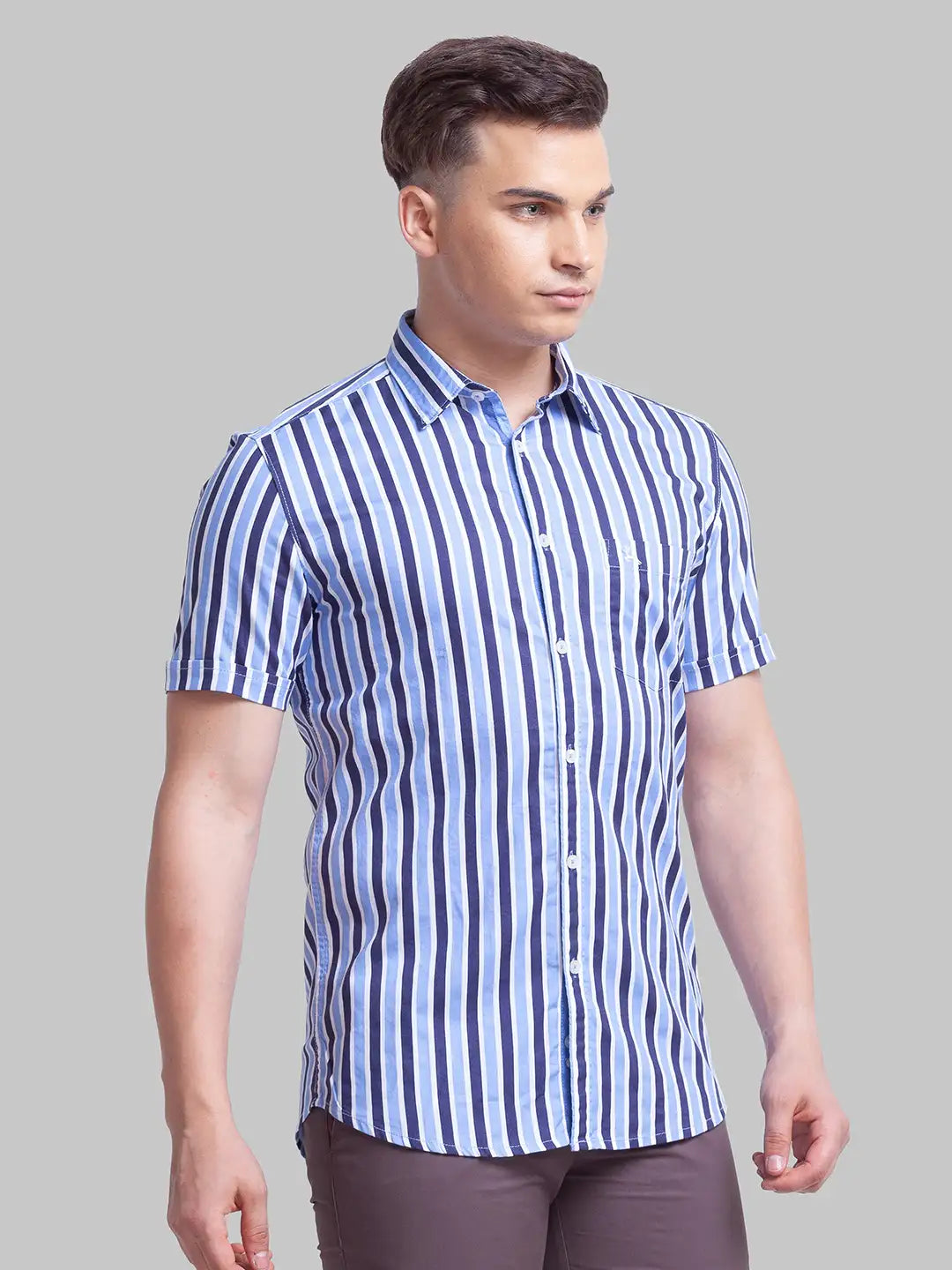 Parx Men Blue Printed Slim Fit Cotton Half Sleeve Cut Away Collar Shirt