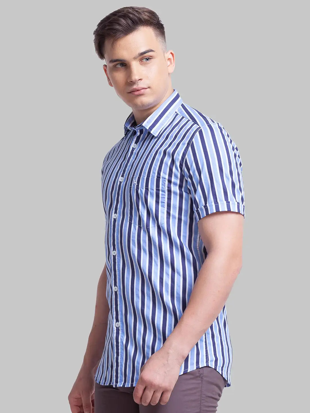 Parx Men Blue Printed Slim Fit Cotton Half Sleeve Cut Away Collar Shirt