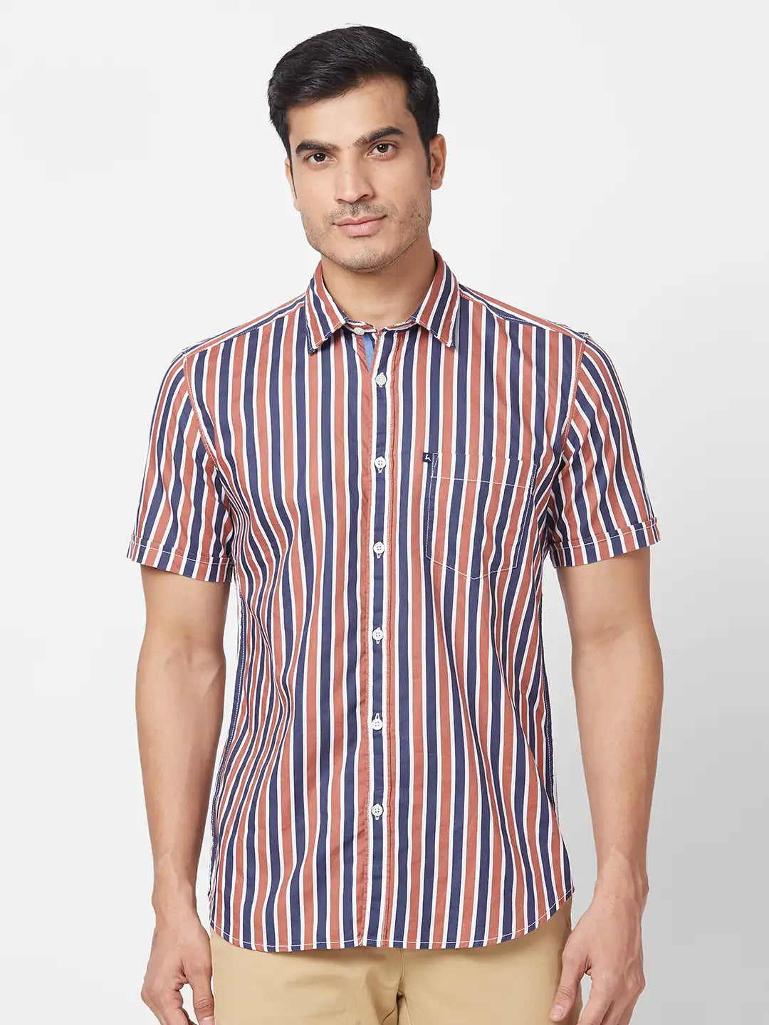 Parx Men Brown Print Slim Fit Cotton Half Sleeve Cutaway Collar Shirt