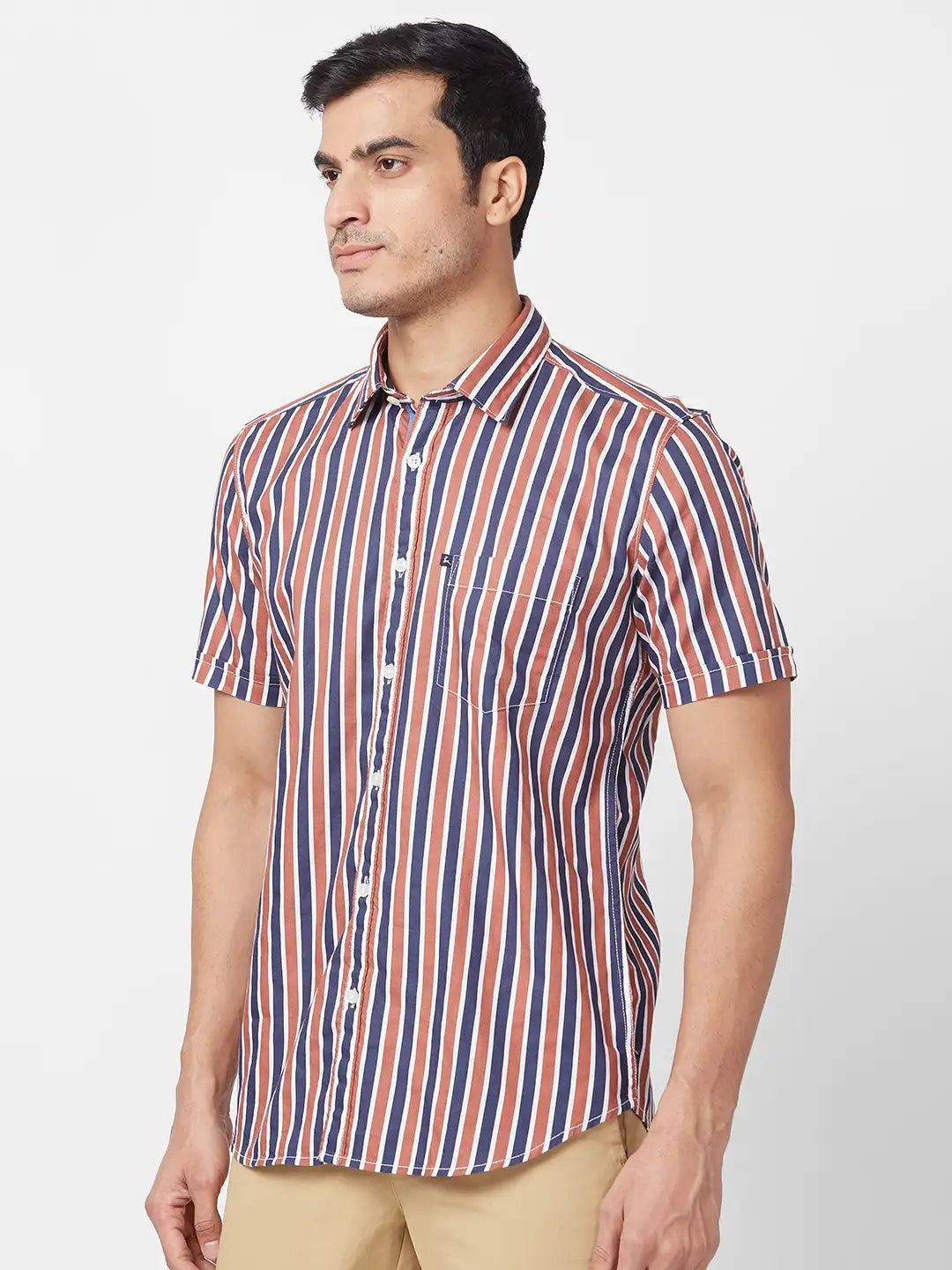 Parx Men Brown Print Slim Fit Cotton Half Sleeve Cutaway Collar Shirt