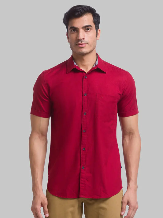 Men Red Slim Fit Solid Cotton Half Sleeve Shirts