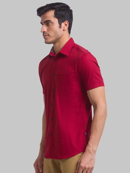 Men Red Slim Fit Solid Cotton Half Sleeve Shirts