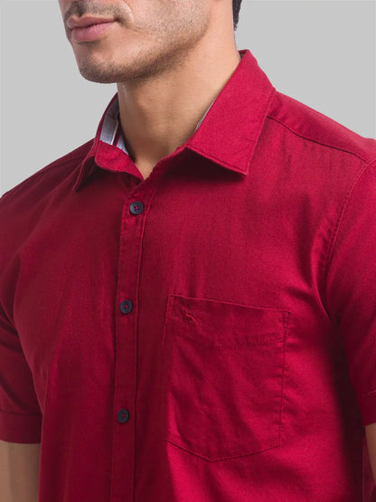 Men Red Slim Fit Solid Cotton Half Sleeve Shirts