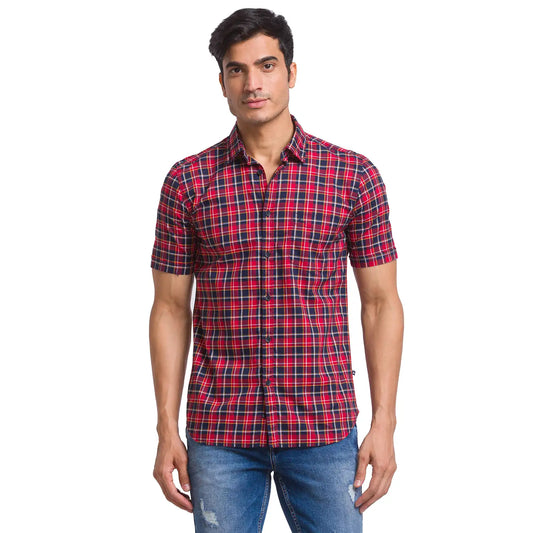 Men Red Slim Fit Checks Cotton Half Sleeve Shirts