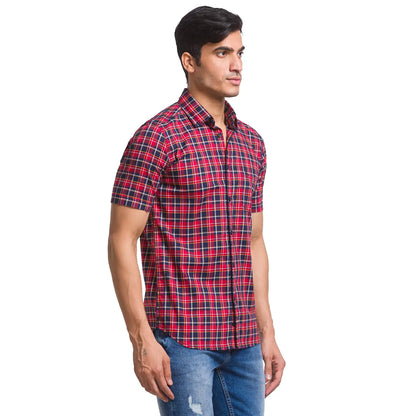 Men Red Slim Fit Checks Cotton Half Sleeve Shirts