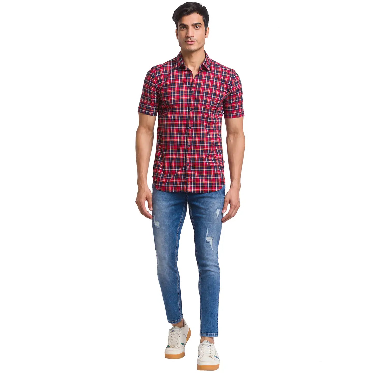 Men Red Slim Fit Checks Cotton Half Sleeve Shirts