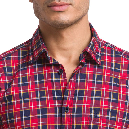 Men Red Slim Fit Checks Cotton Half Sleeve Shirts