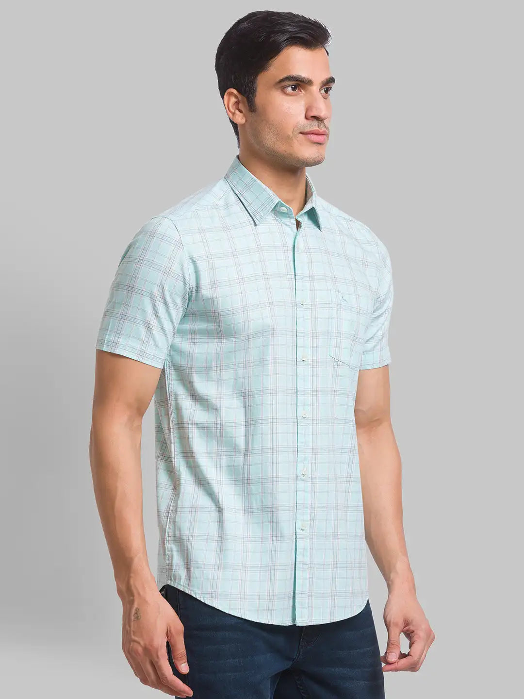Men Green Slim Fit Checks Cotton Half Sleeve Shirts