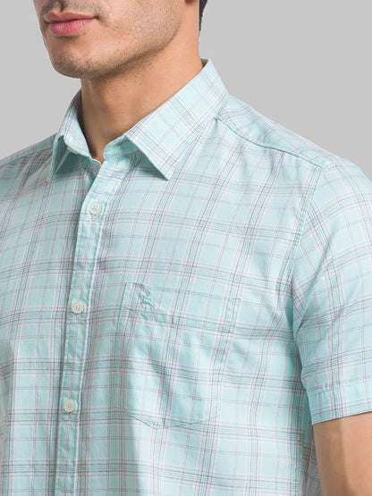 Men Green Slim Fit Checks Cotton Half Sleeve Shirts