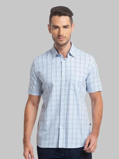 Men Blue Slim Fit Checks Cotton Half Sleeve Shirts