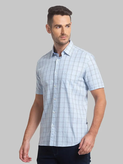 Men Blue Slim Fit Checks Cotton Half Sleeve Shirts