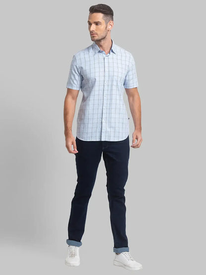 Men Blue Slim Fit Checks Cotton Half Sleeve Shirts