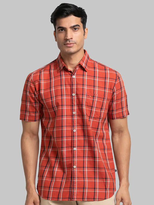 Men Brown Slim Fit Checks Cotton Half Sleeve Shirts