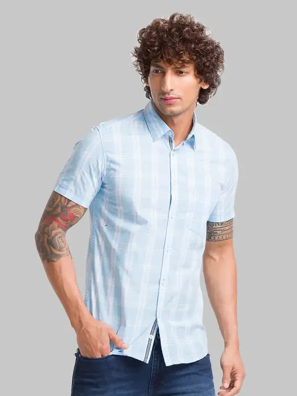 Men Blue Slim Fit Checks Cotton Half Sleeve Shirts