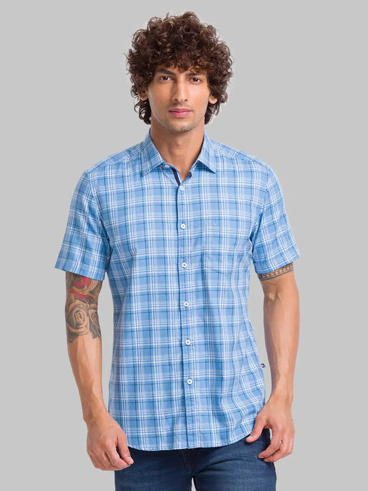 Parx Men Blue Checks Slim Fit Cotton Half Sleeve Shirt