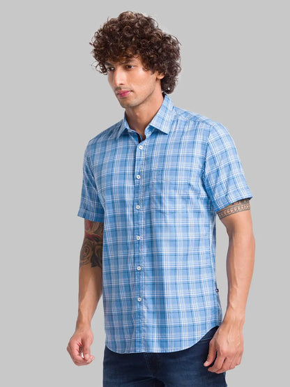 Parx Men Blue Checks Slim Fit Cotton Half Sleeve Shirt