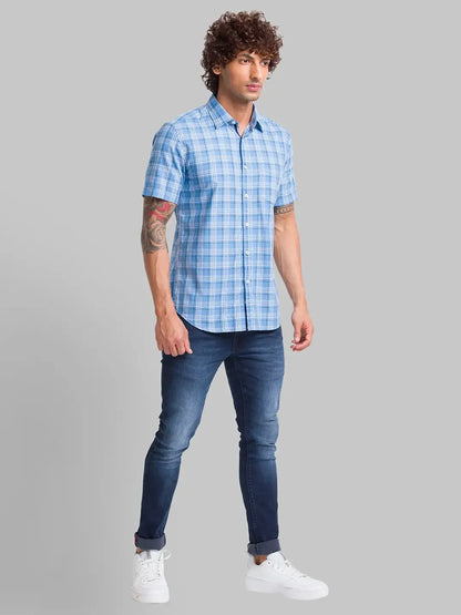 Parx Men Blue Checks Slim Fit Cotton Half Sleeve Shirt