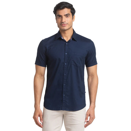 Men Blue Slim Fit Solid Cotton Half Sleeve Shirts